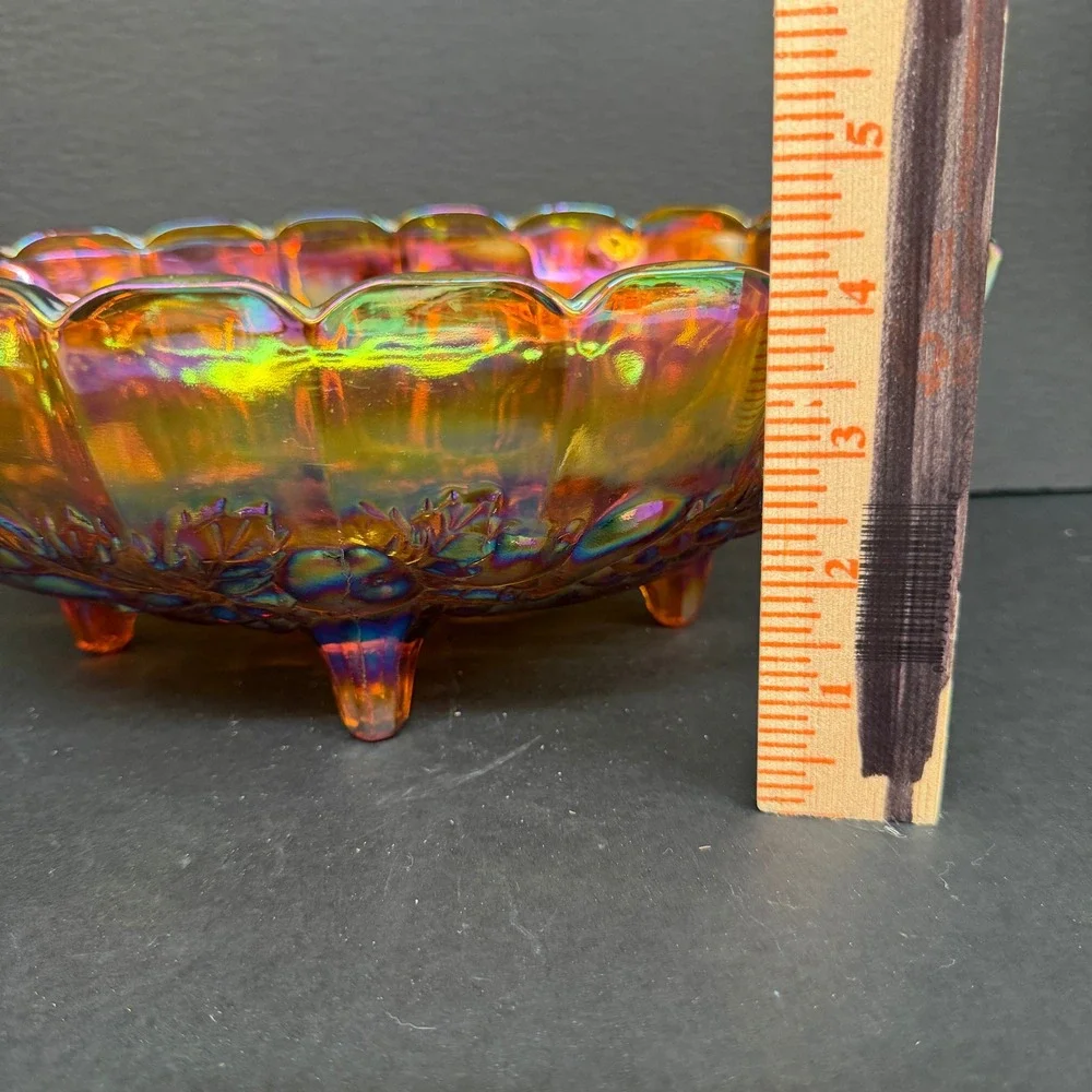Vintage Carnival Glass Footed Bowl Marigold Iridescent Fruit Harvest 12 Inch